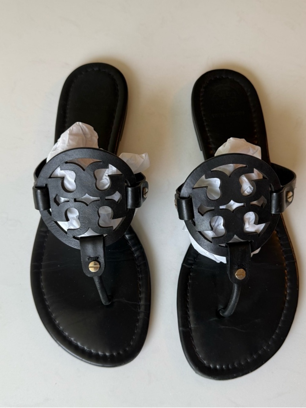 Tory Burch Black Leather Miller Logo Thong Sandals